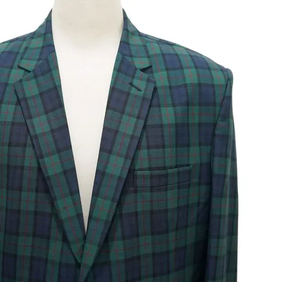 Mens 48R Tartan Plaid Blazer Sport Coat Navy Green Cotton Preppy Formal